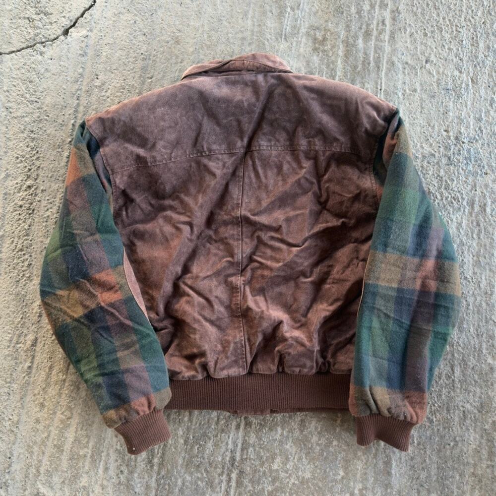 VINTAGE 90S BROWN SUEDE LEATHER BOMBER JACKET PLAID SLEEVES UNQIUE MENS LARGE - Picture 3 of 5